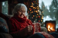 Senior woman in red knitted sweater relaxing at home during winter holidays, sitting in cozy armchair near fireplace and Christmas tree with warm lights.