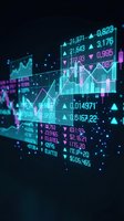 Digital financial data visualization with glowing charts, graphs and stock market numbers on dark background for trading and investment analysis.