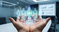 Business professional hands presenting holographic team figures with innovation leadership concept in modern office environment.