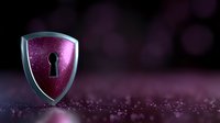 Metallic shield with keyhole on purple glittery background with bokeh effect, security and protection concept symbol for cybersecurity and data privacy.