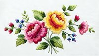 Embroidered floral bouquet with colorful roses and leaves on white fabric. Traditional needlework craft design for textile decoration and sewing projects.