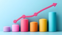 Colorful cylindrical columns in ascending order with pink upward trending arrow graph showing growth against light blue background.