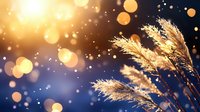 Golden pampas grass plumes against dark blue background with magical bokeh lights and sparkles creating dreamy autumn atmosphere at sunset.