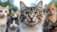 Curious tabby cat with striking green eyes in focus while other cats blur in background, creating depth of field effect in outdoor pet portrait.