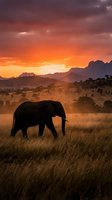 Majestic elephant silhouette grazing in golden savanna grassland at dramatic sunset with mountain backdrop creating warm atmospheric wildlife scene.