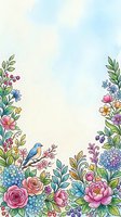 Watercolor floral border with colorful blooms, green leaves, berries, and a bluebird on a branch, with soft pastel copy space for text.