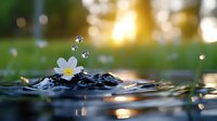 White plumeria flower floating on rippling water surface with water drops and golden sunset bokeh creating serene spa atmosphere.