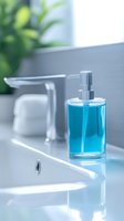 Modern bathroom sink with transparent blue liquid soap dispenser against blurred chrome faucet background, showcasing minimalist hygiene essentials for spa and wellness.