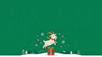 Cute reindeer jumping over gift box with snowflakes and evergreen trees on green background. Festive holiday clipart isolated for seasonal designs and decorations.