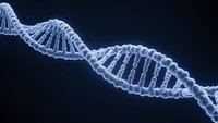 Blue DNA double helix structure on dark background for medical research, genetics education, biotechnology presentations and scientific publications.