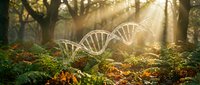 DNA double helix structure floating in sunlit forest with golden light rays streaming through trees and colorful autumn leaves on ground.