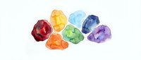Colorful watercolor gemstones and crystals in rainbow hues isolated on white background, suitable for jewelry design, wellness graphics, and decorative artwork projects.
