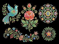 Folk art floral clipart set with bird, rose, and ornamental medallions, isolated on transparent background. Great for sublimation, stickers, t-shirt design, and print on demand.
