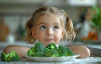 Young Caucasian girl with blue eyes and blonde curly hair looking up thoughtfully at plate of fresh green broccoli on kitchen table, expressing curiosity about healthy eating.