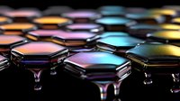 Iridescent hexagonal shapes with liquid droplets on dark background create mesmerizing abstract pattern with holographic rainbow colors and reflective surfaces.