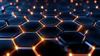 Glowing orange and blue hexagonal grid pattern with depth effect creates futuristic technological background for science and innovation concepts.