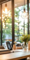 Modern workspace with glass pendant lights, smartphone, and fresh plants on white desk against window backdrop creating cozy atmosphere for remote work.