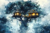 Magical treehouses with glowing windows nestled in branches of massive blue tree, misty forest atmosphere creates dreamy fairytale scene in moonlight.