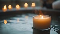 Glowing candle floating on calm water surface with warm bokeh lights creating peaceful spa atmosphere for relaxation and meditation wellness concepts.