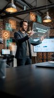 Young male professional in dark blazer interacting with holographic procurement assistant interface in modern loft office with exposed brick, pendant lighting, and digital analytics displays.