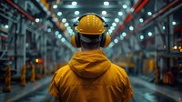 Industrial worker wearing yellow hard hat and hearing protection in modern warehouse facility. Back view perspective highlights workplace safety and manufacturing environment.