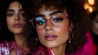 Young woman with curly hair and glasses in glamorous evening makeup against blurred pink and golden lights background, fashion portrait in warm tones.