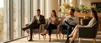 Diverse business team relaxing in modern office lounge, using smartphones and talking during a casual break in warm sunlight.