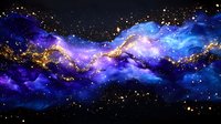 Cosmic nebula with swirling blue and purple clouds illuminated by golden light streams and glowing stars against dark space background, creating mystical galaxy effect.