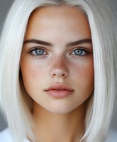 Close up portrait of young Caucasian woman with platinum blonde hair, blue eyes, natural freckles and minimal makeup against soft blurred background. Natural beauty concept.