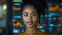 Young African American woman with natural curly hair and confident smile against blurred business charts background, wearing mustard yellow top, professional corporate portrait.