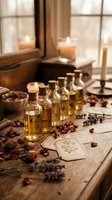 Row of glass bottles filled with golden essential oils arranged on wooden table with dried botanicals, herb cards, and lit candles by window for aromatherapy and wellness design.