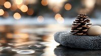 Pine cone and stone on gray spa towel against blurred water surface with golden bokeh lights creating peaceful zen atmosphere for wellness and relaxation.