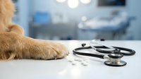 Dog paw next to stethoscope on veterinary clinic table. Pet healthcare, medical examination, animal wellness checkup concept for veterinary services.