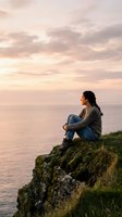 Young woman with dark hair, South Asian ethnicity, sitting on moss-covered coastal cliff overlooking calm ocean at sunset. Wearing casual cardigan and jeans, contemplative pose. Soft golden light, peaceful serenity.