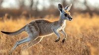 Young grey kangaroo jumping through dry golden grass in Australian outback during sunset. Side view of marsupial in mid-leap showing muscular form and natural movement.