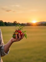 Farmer hands holding fresh ripe tomatoes with green leaves at golden sunset in agricultural field for organic farming and harvest concepts.