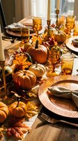 Elegant autumn table setting with orange pumpkins, amber glassware, candles and fall leaves for Thanksgiving dinner celebration and seasonal home decor.
