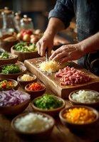 Chef preparing ingredients on wooden cutting board with colorful vegetables in wooden bowls arranged on rustic table. Cooking process in warm kitchen atmosphere.
