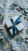 Elegant gift box with blue velvet ribbon surrounded by dried hydrangea flowers and eucalyptus leaves on linen fabric for special occasions and celebrations.