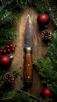 Vintage kitchen knife with wooden handle on rustic background, surrounded by Christmas decorations including pine branches, red baubles, berries and pinecones.