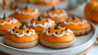 Halloween pumpkin face donuts with orange frosting and white icing smiles on white plate. Festive autumn treats for October celebration and holiday parties.
