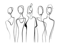 Minimalist line drawing of five abstract female figures standing in a row, elegant continuous line art style for fashion illustration or branding.