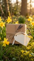 Eco-friendly gift box with lavender sprig and blank tag surrounded by yellow daffodils on moss in spring forest with warm sunlight filtering through trees.