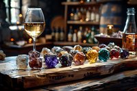 Colorful crystal gems lined up on rustic wooden surface with white wine glass and blurred restaurant background, creating luxurious atmospheric composition.