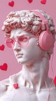 Classical marble bust wearing pink sunglasses and headphones on pink background with floating heart shapes, modern pop art interpretation of ancient sculpture.