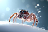 Macro photography of jumping spider on snowy surface with blue bokeh background and soft lighting showcasing detailed eyes, legs and body hair structure.