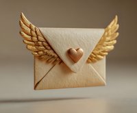 Cream envelope with golden wings and heart seal floating against neutral background for romantic messaging and love letter concepts.