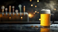 Golden beer mug with foam head on dark bar counter, blurred bottles and warm bokeh lights in background, perfect for beverage, pub, and hospitality marketing.