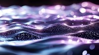 Glowing abstract waves with sparkles and bokeh effects in purple and blue colors creating magical flowing landscape on dark background.