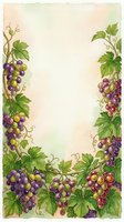 Vintage grape vine border frame with purple and golden berries, green foliage and curling tendrils on aged cream background. Suitable for invitations, menus, wine labels.
